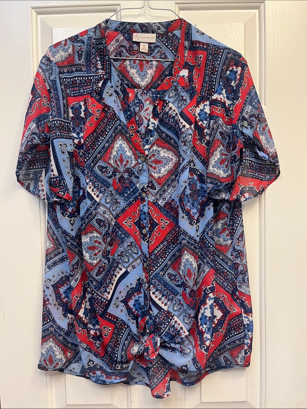 established 1962 red/blue/navy tie front blouse 1X NWOT